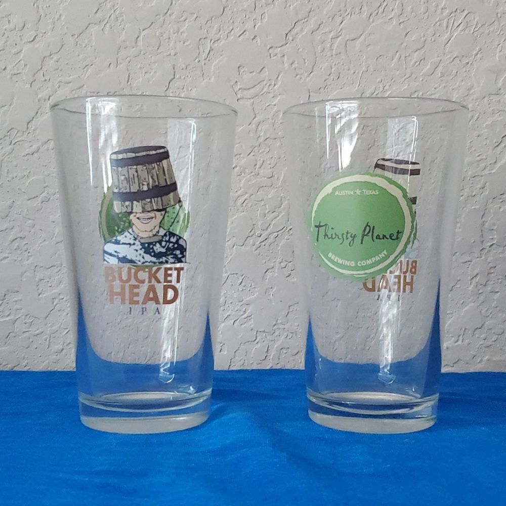 Thirsty Planet Brewing Bucket Head IPA Pint Glasses Set of 2 Austin Texas Beer